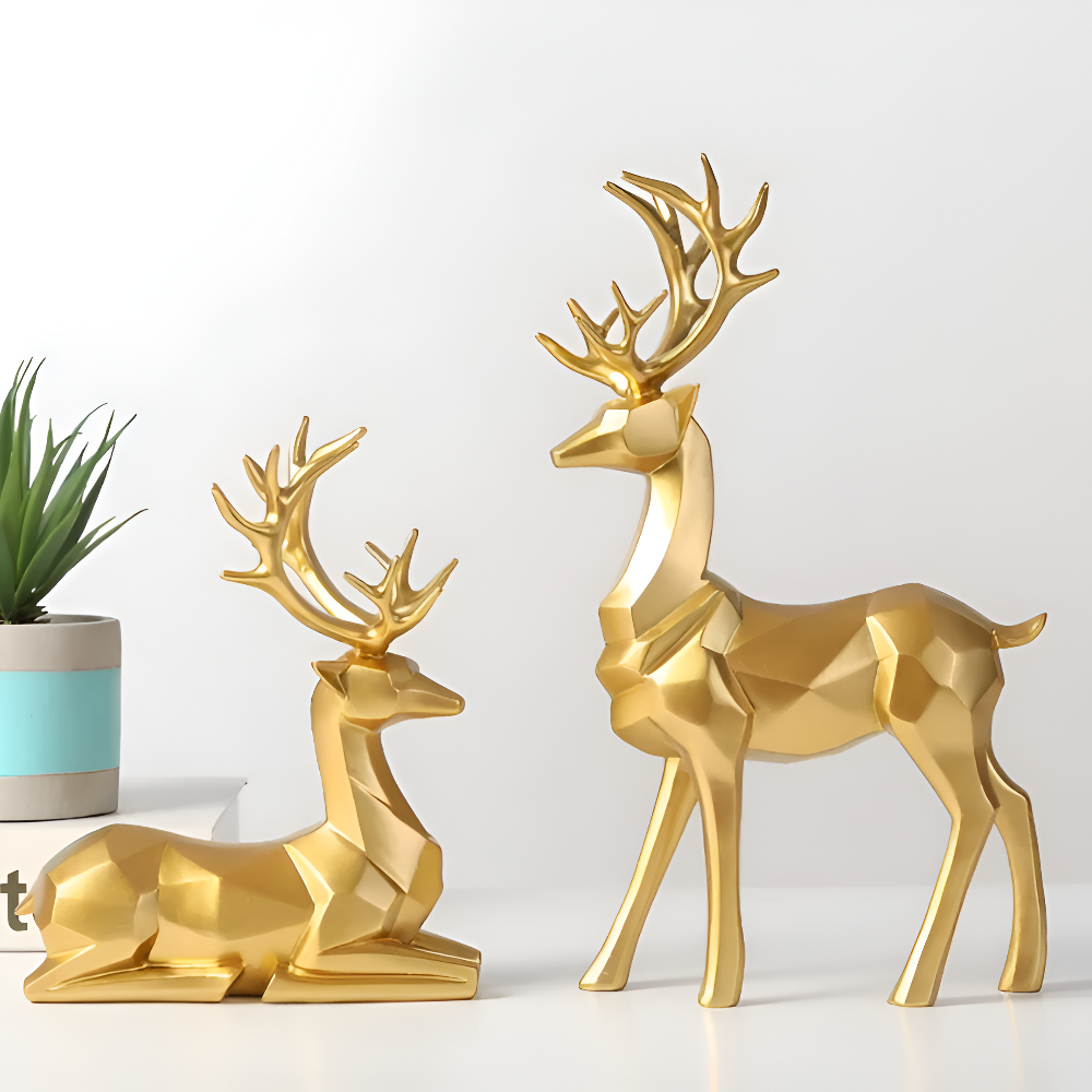 Geometric Reindeer Figures Set – Modern 2-piece Resin Decoration