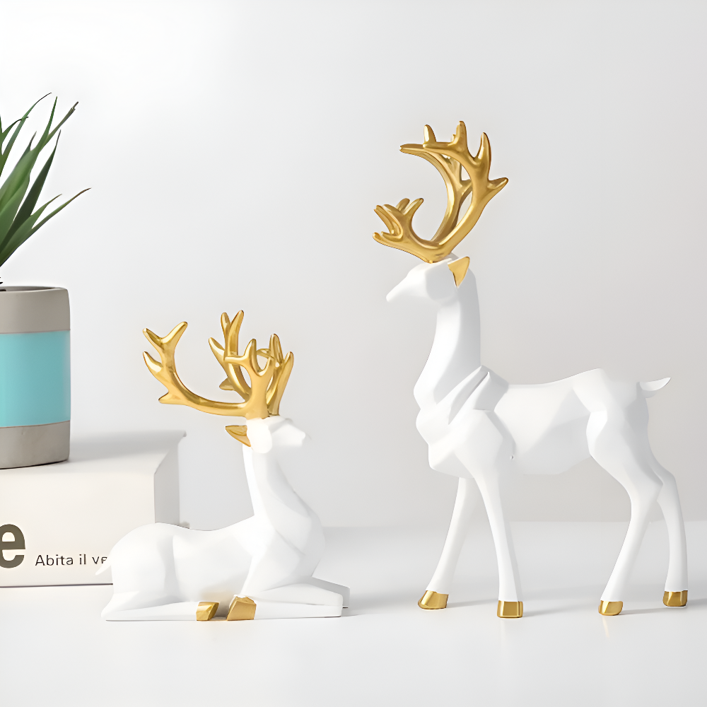 Geometric Reindeer Figurine Set – Modern 2-piece Resin Decoration