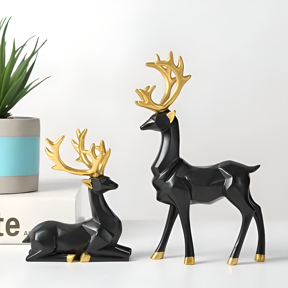 Geometric Reindeer Figures Set – Modern 2-piece Resin Decoration