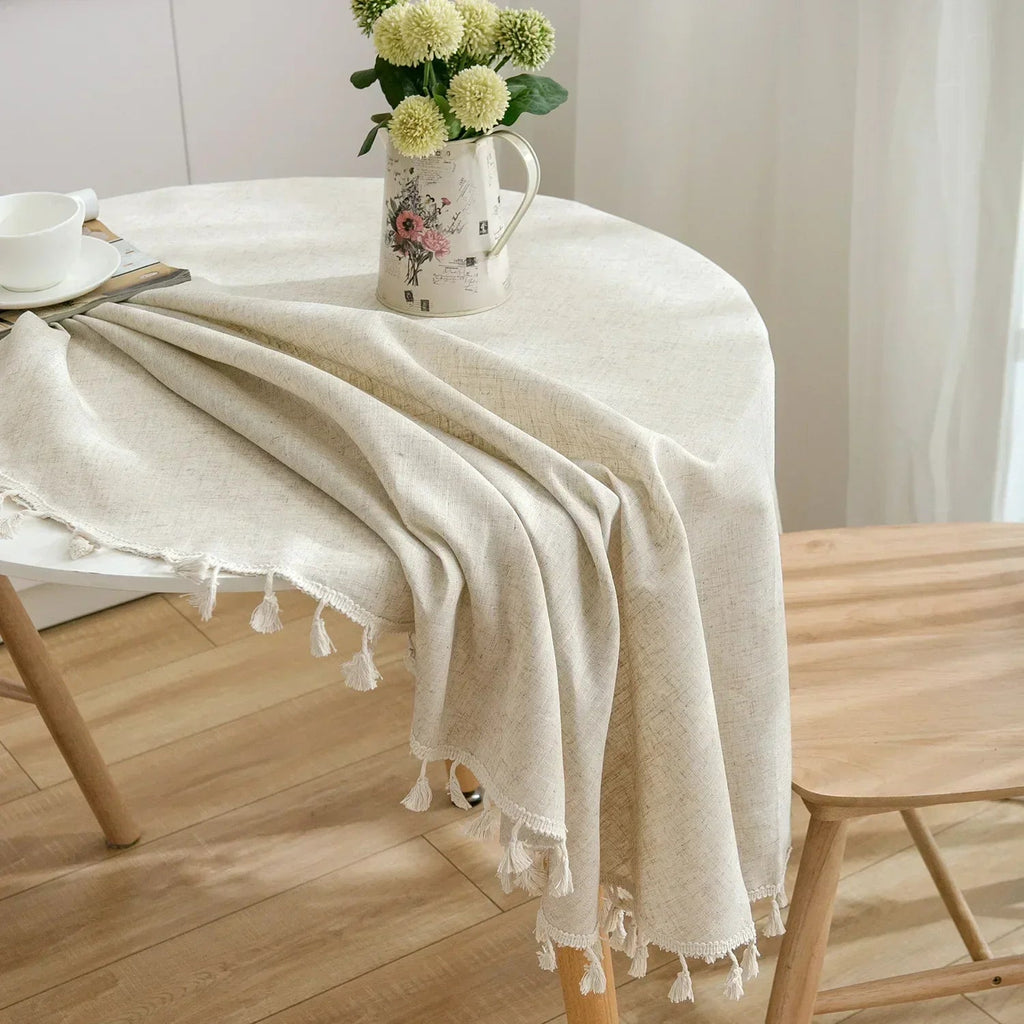 Round Linen-Cotton Tablecloth with Tassels
