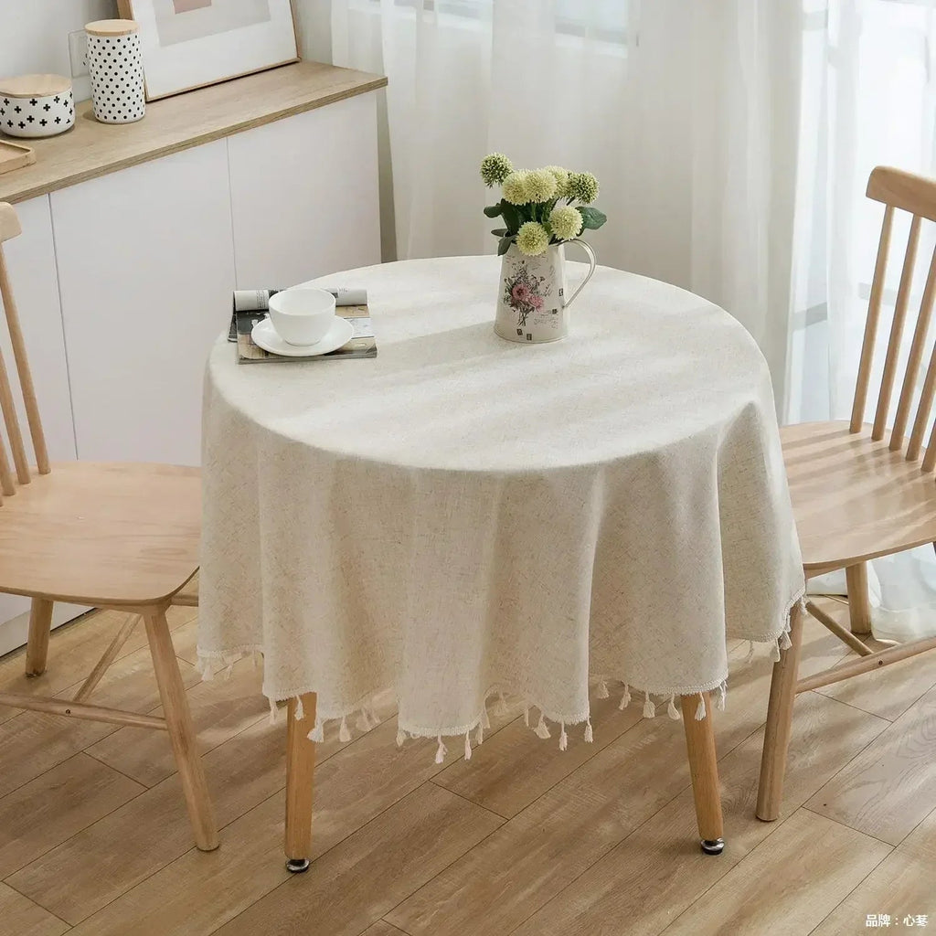 Round Linen-Cotton Tablecloth with Tassels