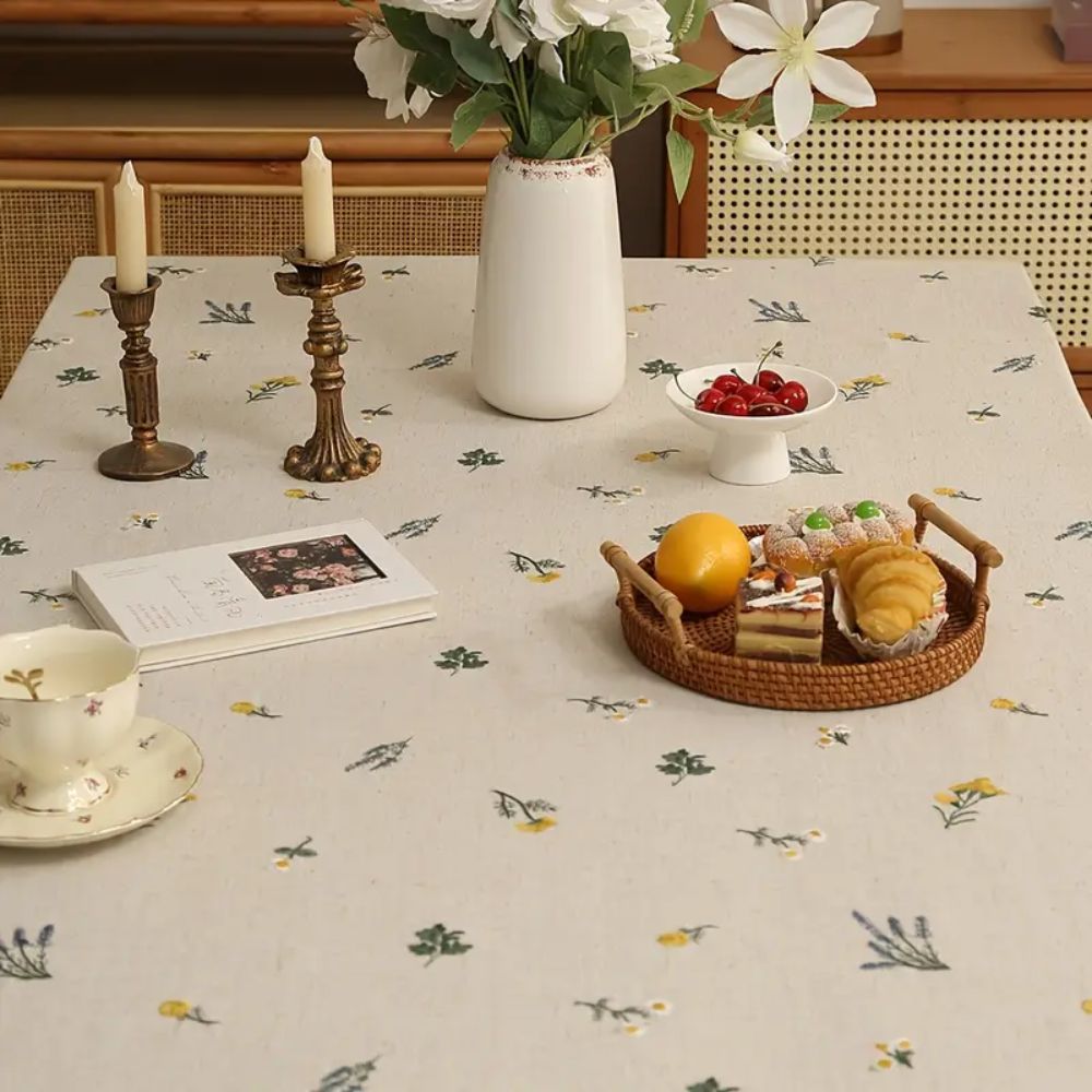 Embroidered Wheat Pattern Tablecloth with Tassel Trim in Microfiber Blend