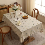 Embroidered Wheat Pattern Tablecloth with Tassel Trim in Microfiber Blend