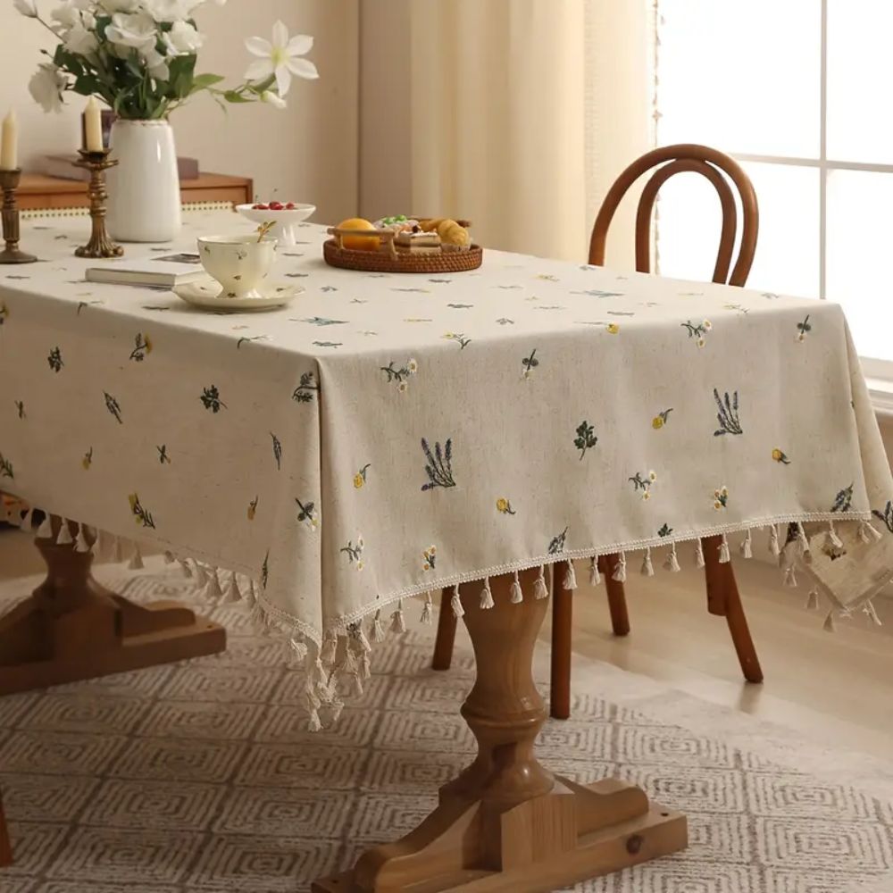 Embroidered Wheat Pattern Tablecloth with Tassel Trim in Microfiber Blend