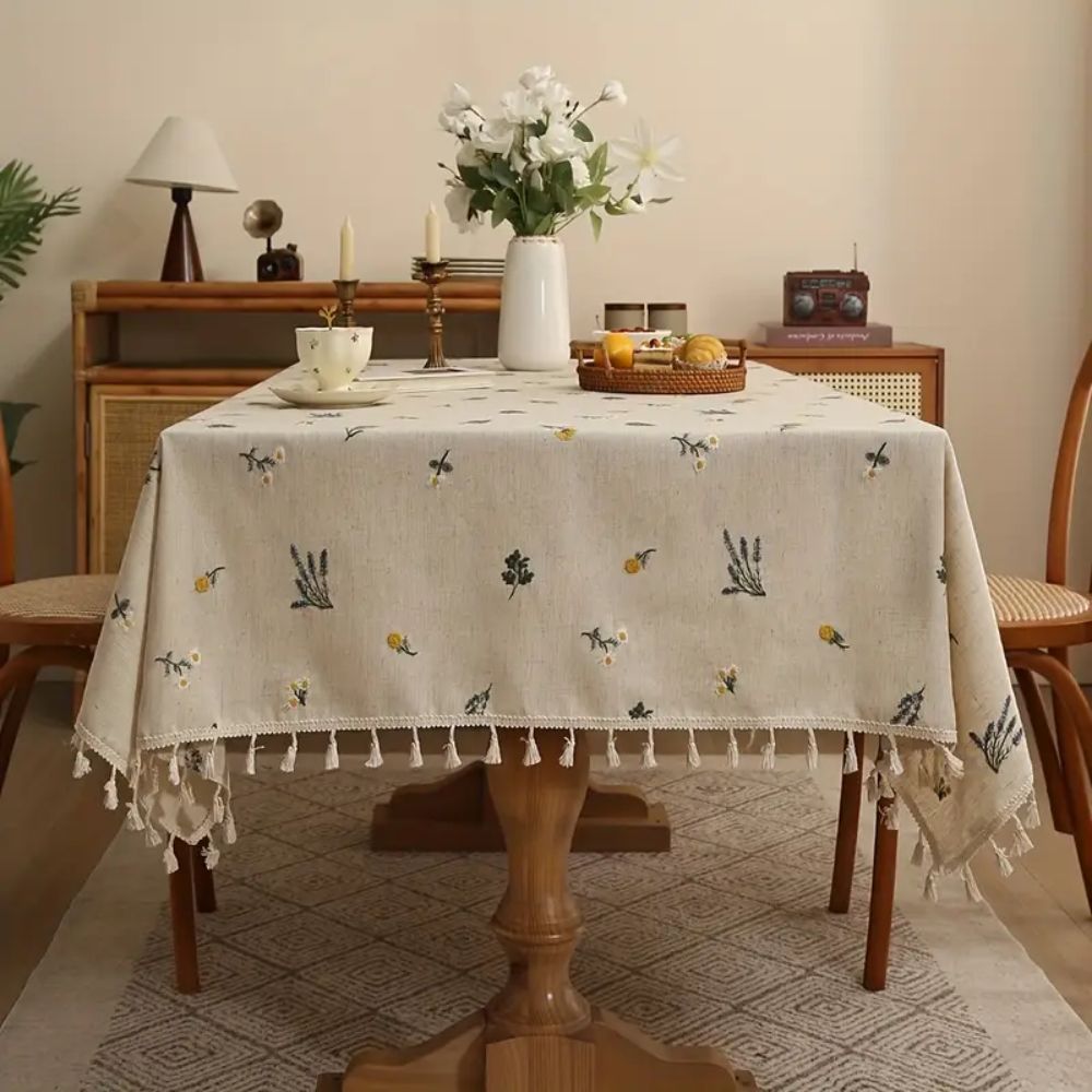Embroidered Wheat Pattern Tablecloth with Tassel Trim in Microfiber Blend