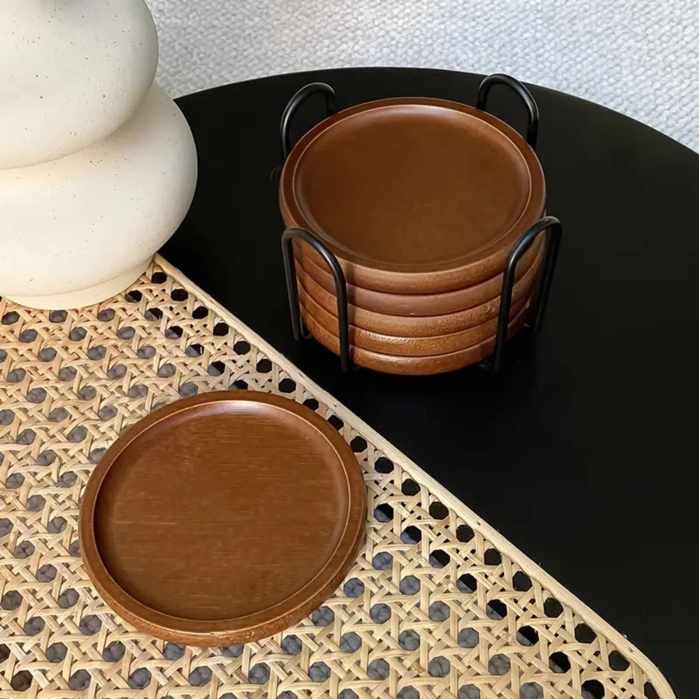 Rustic Wooden Coasters Metal Holder | 6pcs Set