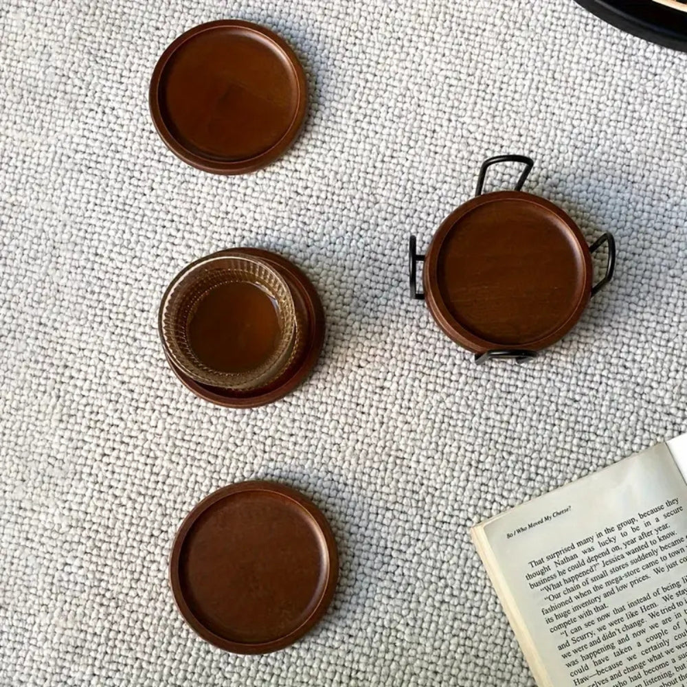 Rustic Wooden Coasters Metal Holder | 6pcs Set