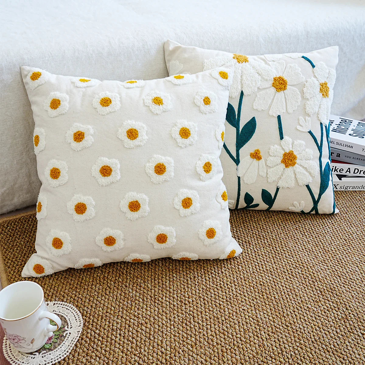 Cushion with Embroidered Daisies for Sofa and Living Room Without Filling