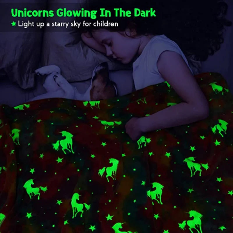 StellaLumi | Glowing Unicorn Blanket | Cozy & Magical | Glow-in-the-Dark Stars & Hearts | Gift for Kids & Adults