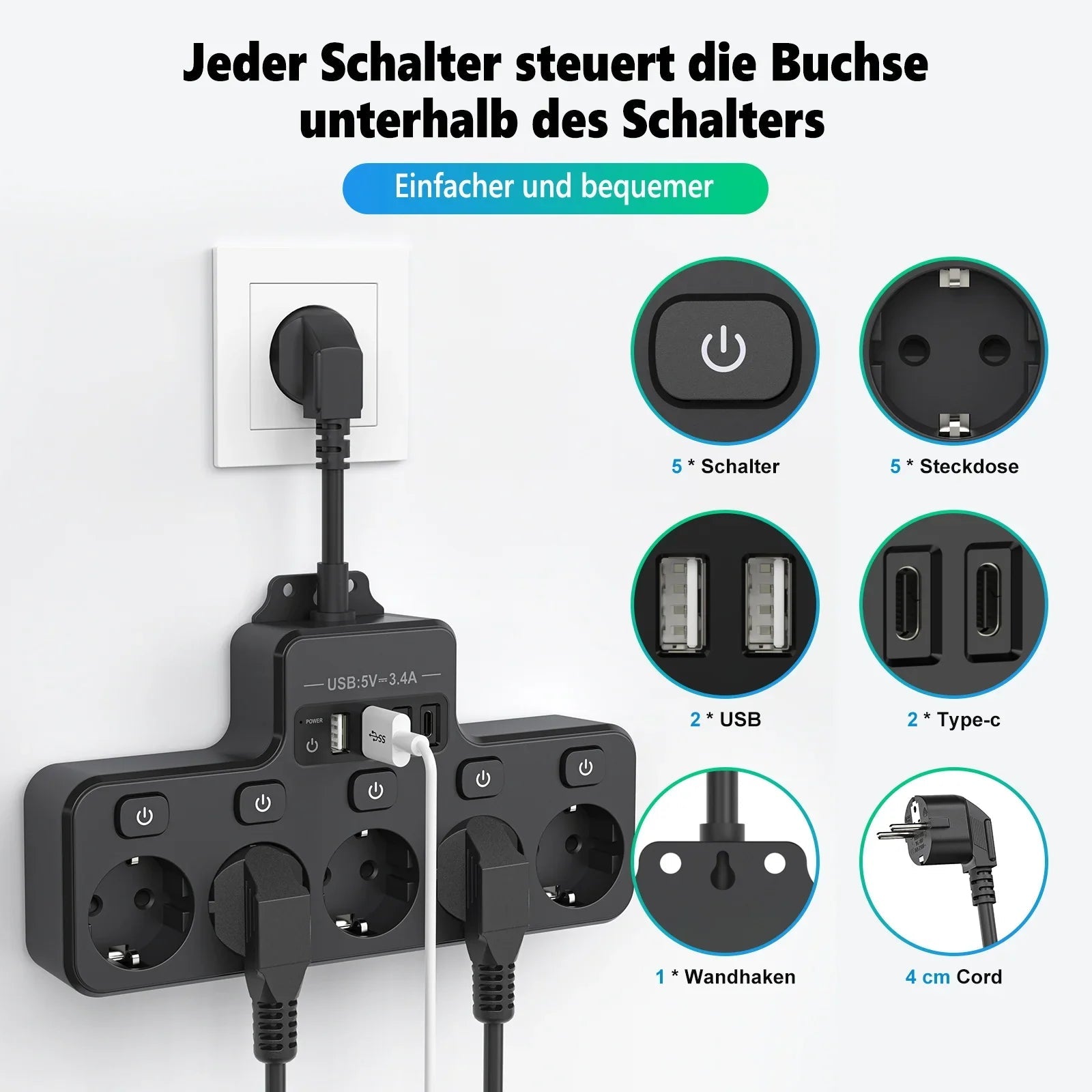 Voltaro Pro 9-in-1 | Power Strip EU | 5 AC Outlets + 4 USB (2× Type-C) | Individual Switch | 16A | Short Cable 10 cm