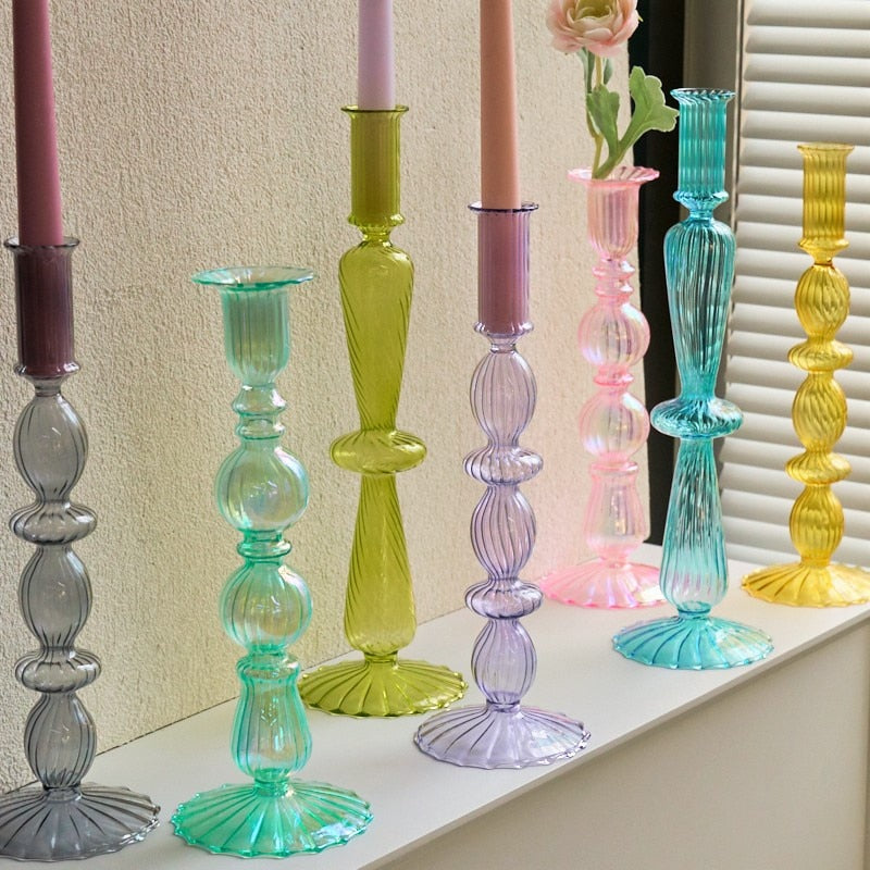 Ribbed Glass Candleholders - Pastel