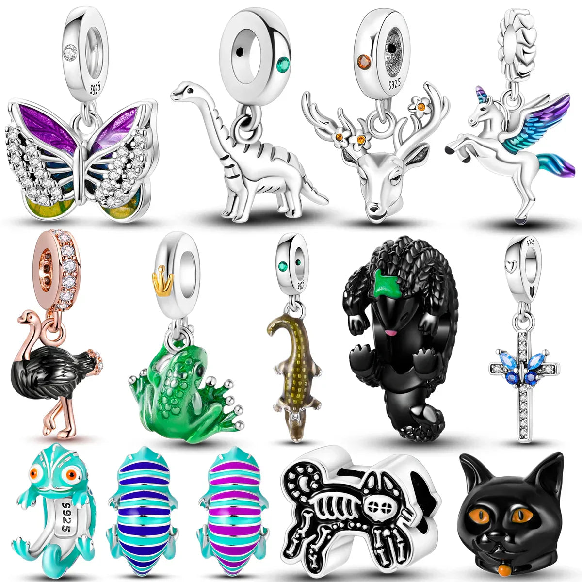925 Silver Golden Leopard Charms Beads Colorful Chameleon Rhinoceros Lion Scarab Cat Pendant Compatible with Original Pandora Bracelet Jewelry