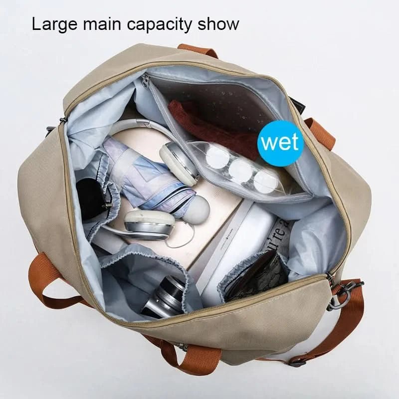 Portable fitness bag with shoe compartment and wet dry separator bag for active travelling