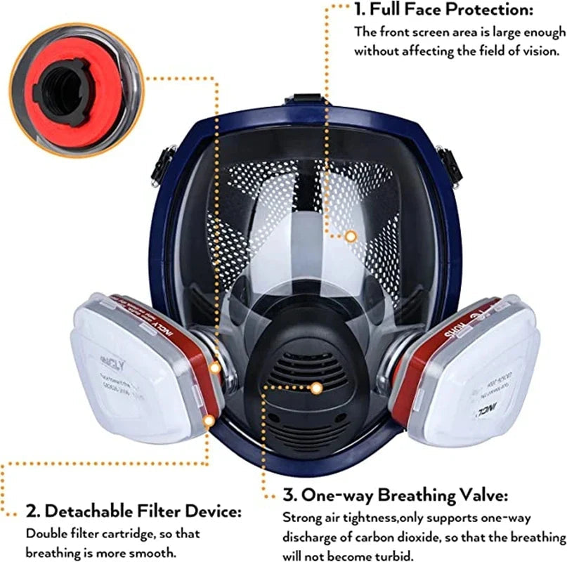 Full Face Respirator Mask with Anti-Fog Lens and Industrial Gas Filters