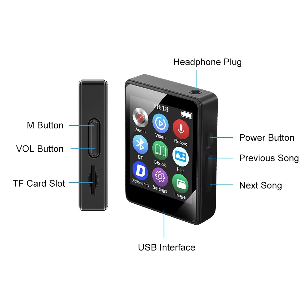 Portable Bluetooth MP3 Player with HiFi Stereo, Mini MP4 Video Playback, LED Screen and Voice Recording