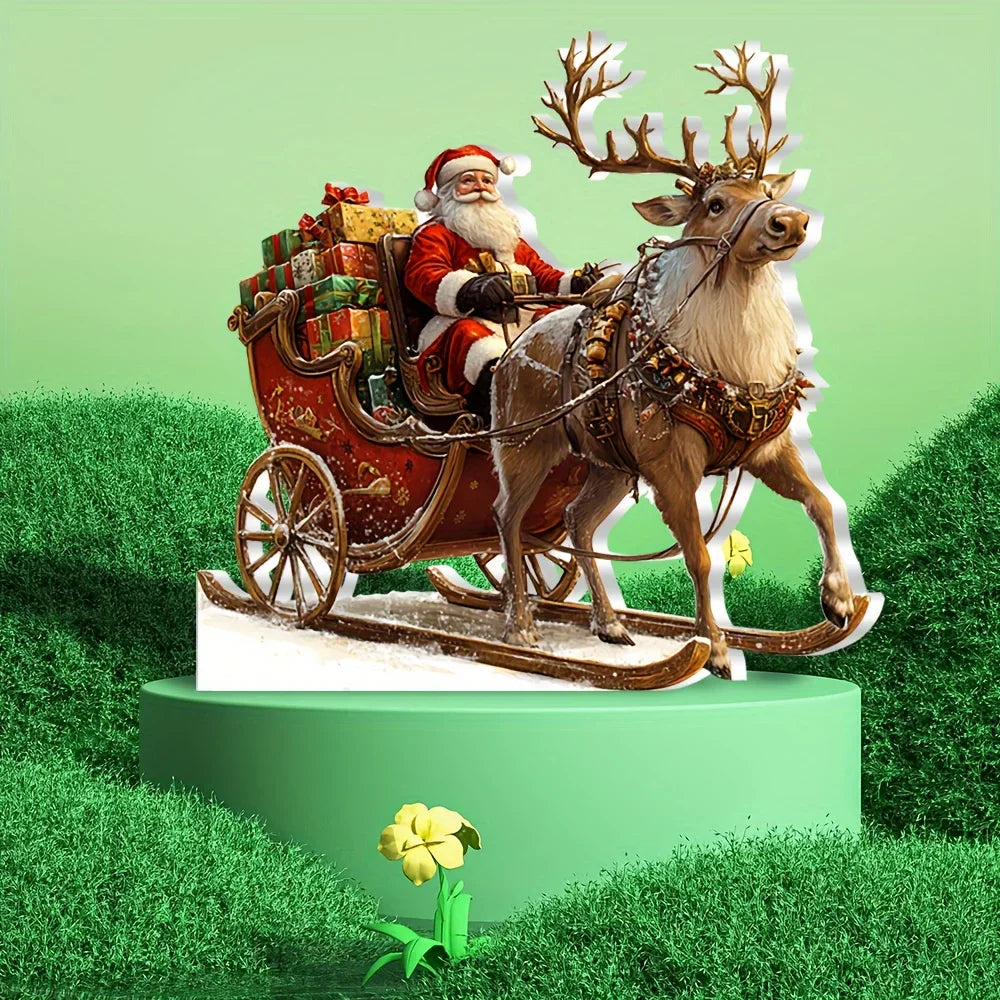 Acrylic Christmas Reindeer Sleigh Decoration with Santa Claus, 2D Design