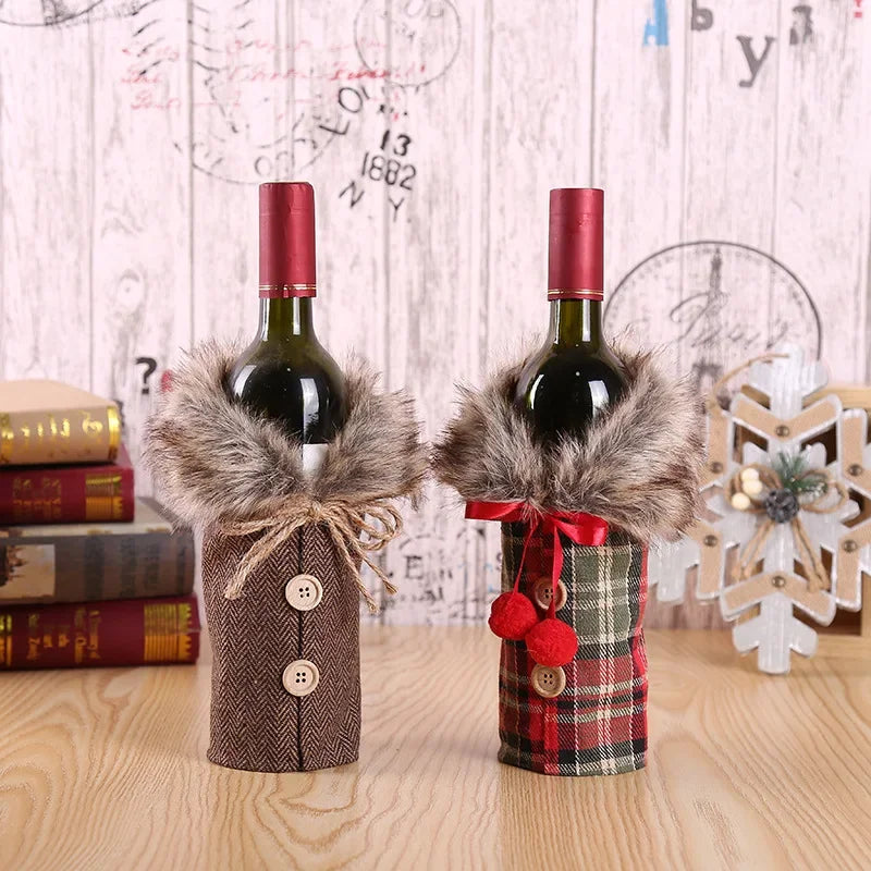 Christmas bottle cover with fur collar – festive cover for wine bottles, gnome decoration for Christmas, perfect as gift wrapping