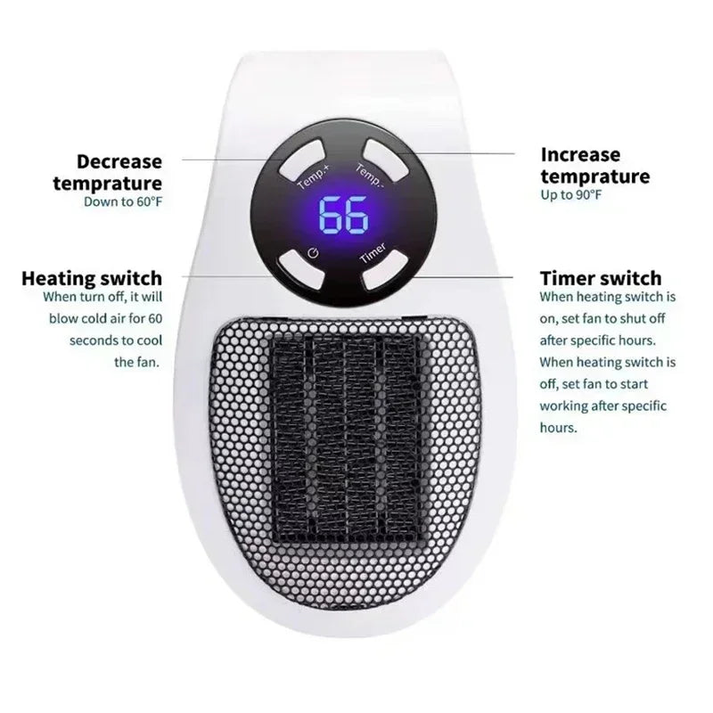 ThermoEase 350W Compact Heating Device | Wall Socket Heater with Remote Control | LED Display & Timer | 180° Rotating Plug