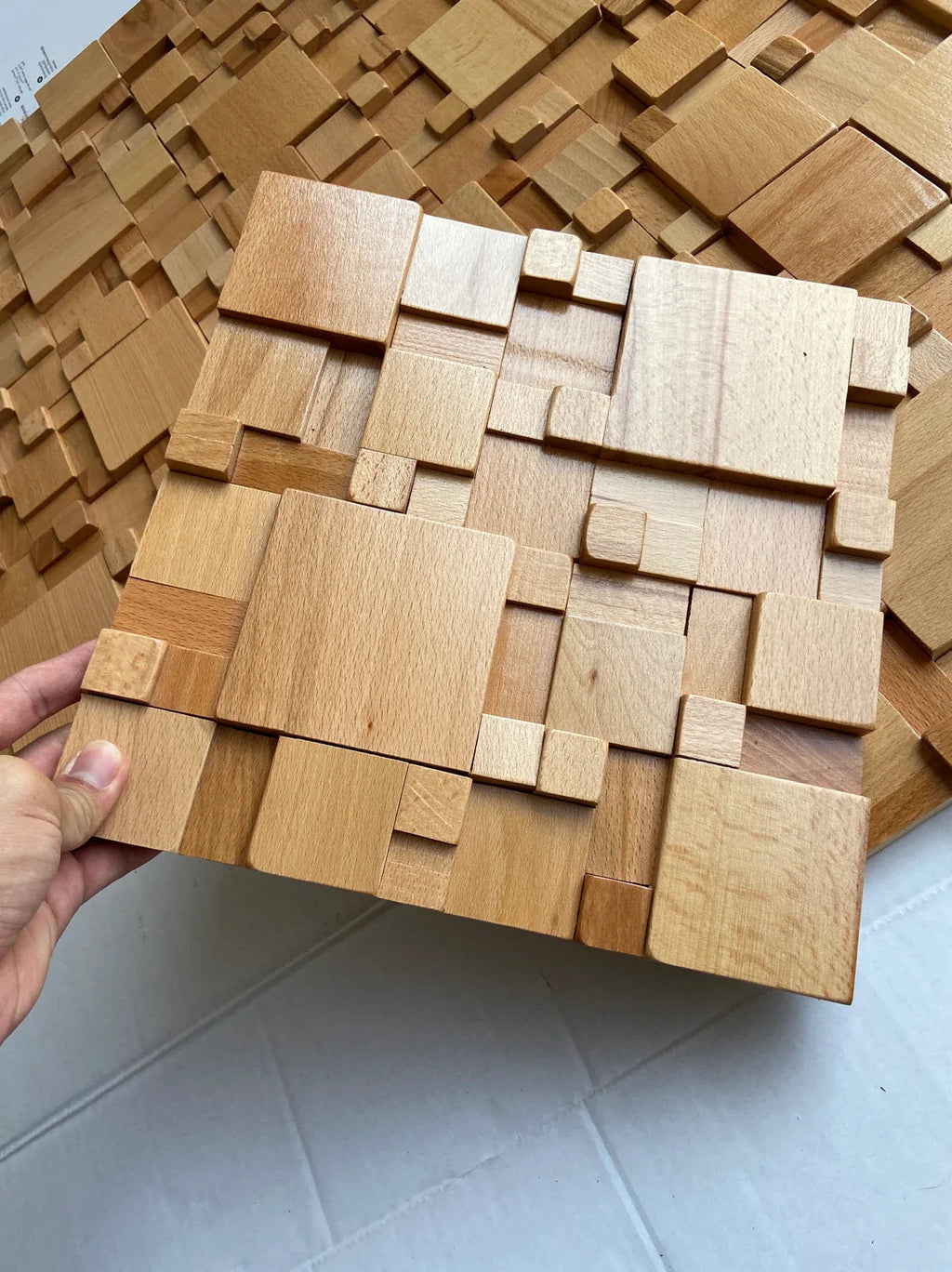 Acoustic Wood Wall Panels with Mosaic Design, Solid Beech and Walnut
