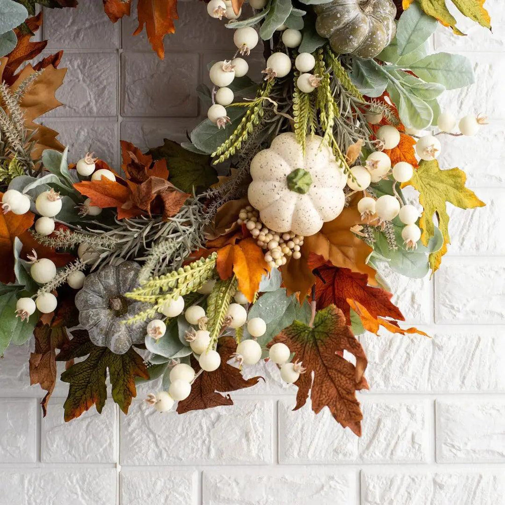 AutumnPumpkin Autumn Wreath with Maple Leaves and Pumpkins – Front Door Decoration