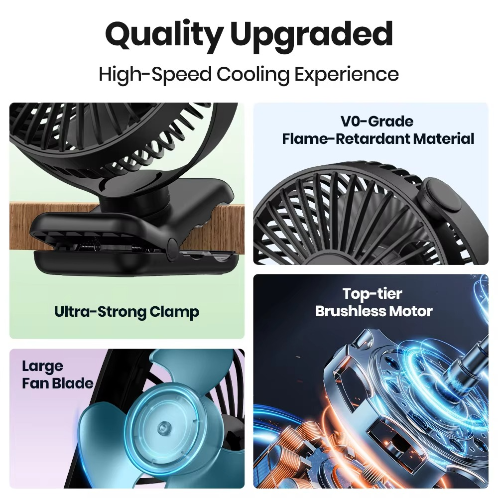 USB Clip-On Desk Fan with Quiet Brushless Motor and Strong Clamp – Portable Mini Personal Cooling Fan