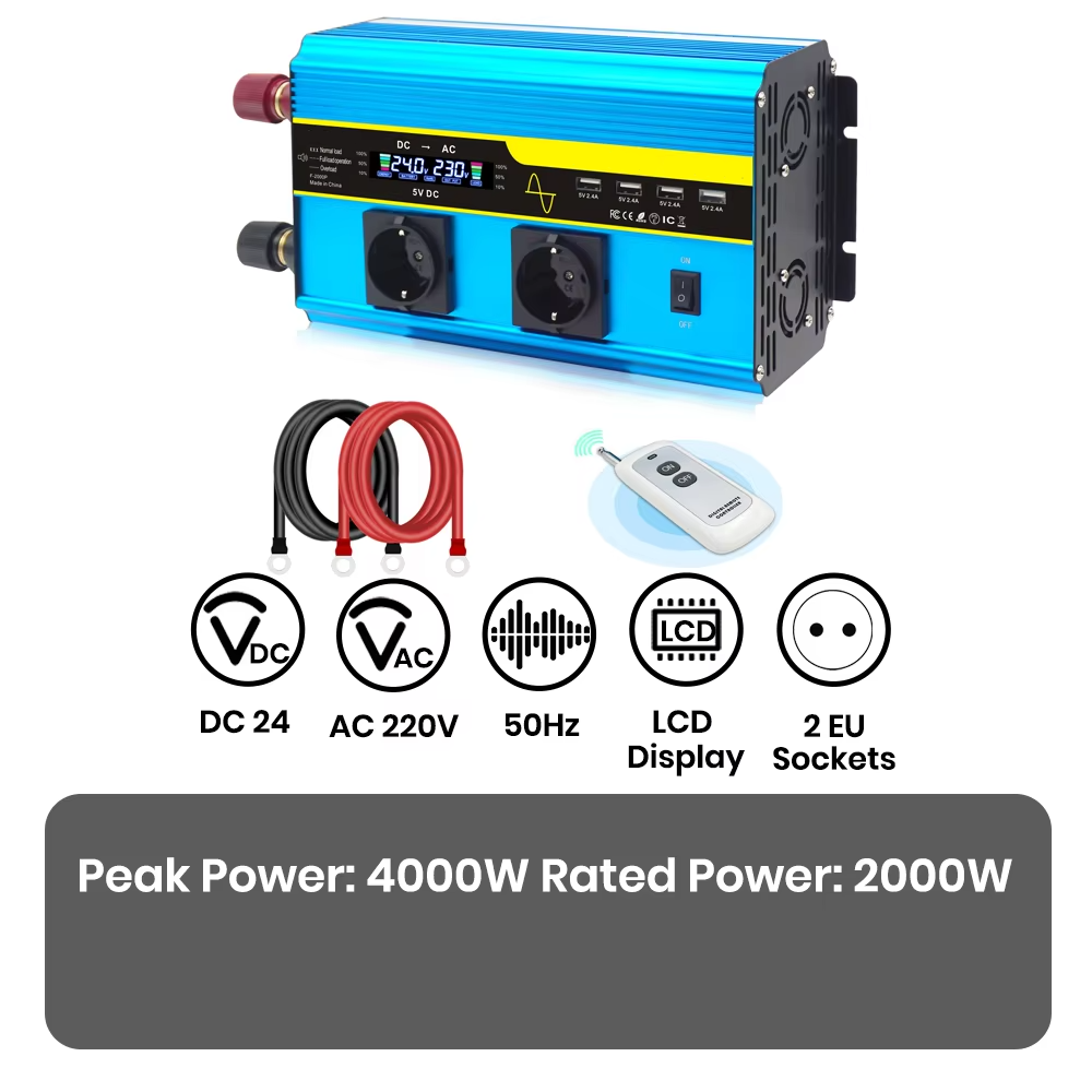 4000W Pure Sine Wave Power Inverter 12V/24V DC to 110V/220V AC Converter for Car and Solar Systems