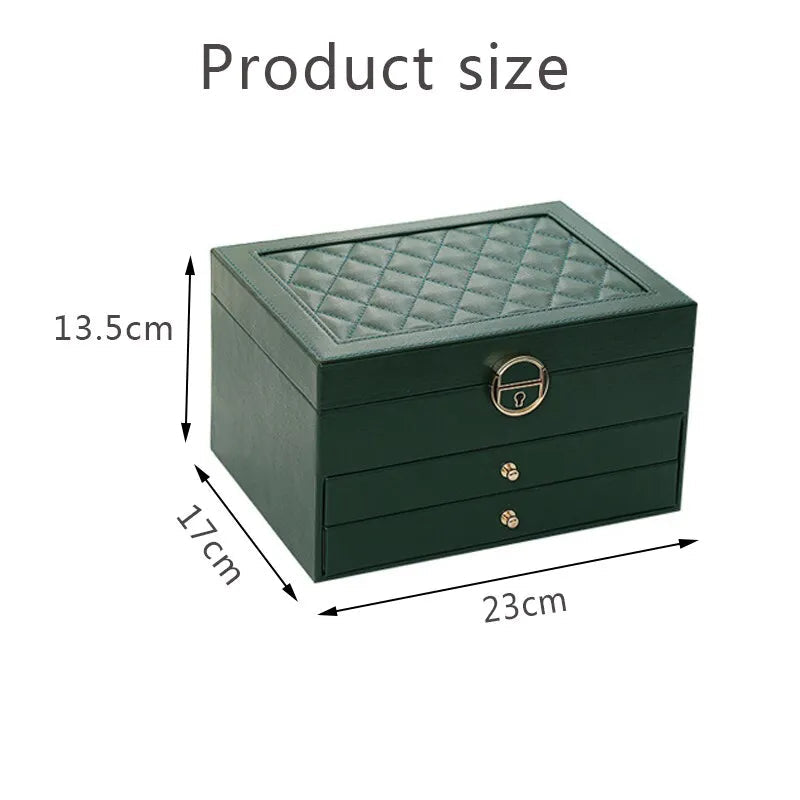 Lockable Leather Jewelry Box with Multi-Layer Storage