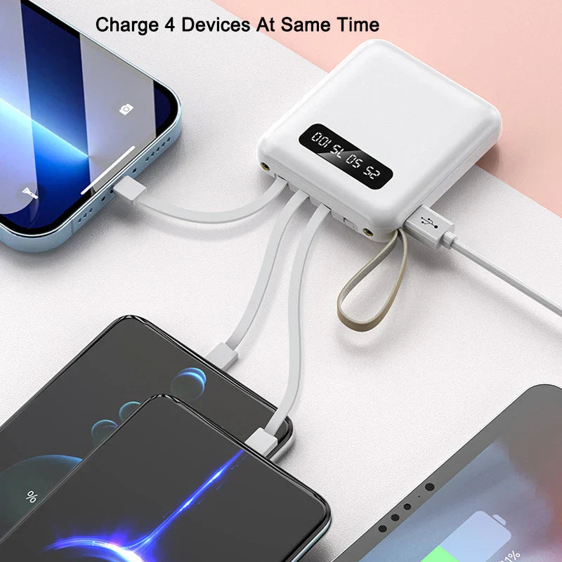 Mini Powerbank with Mirror Display | 20,000 mAh | Quick Charge Function & Integrated Cables | For iPhone, Samsung, Xiaomi & more