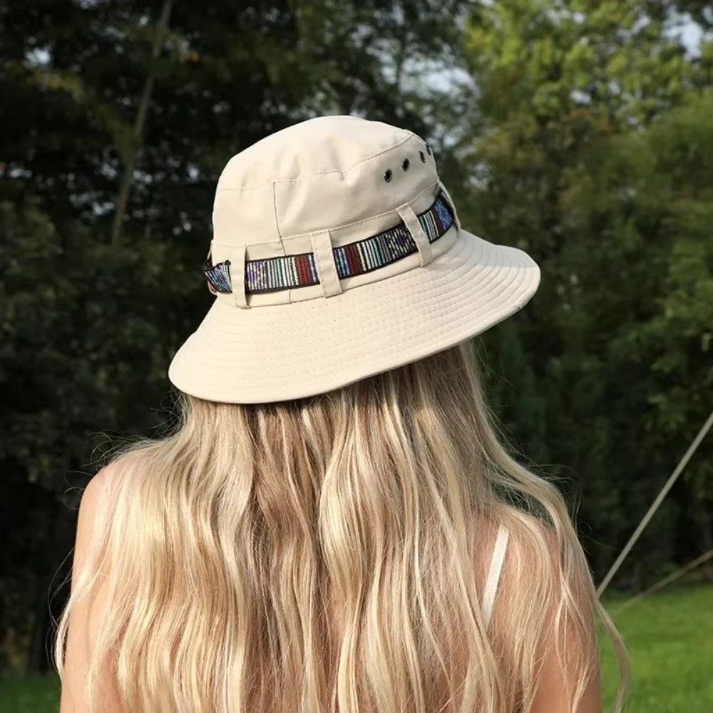 Striped Boho-Style Summer Sun Hat - Unisex Wide Brim Outdoor Cap
