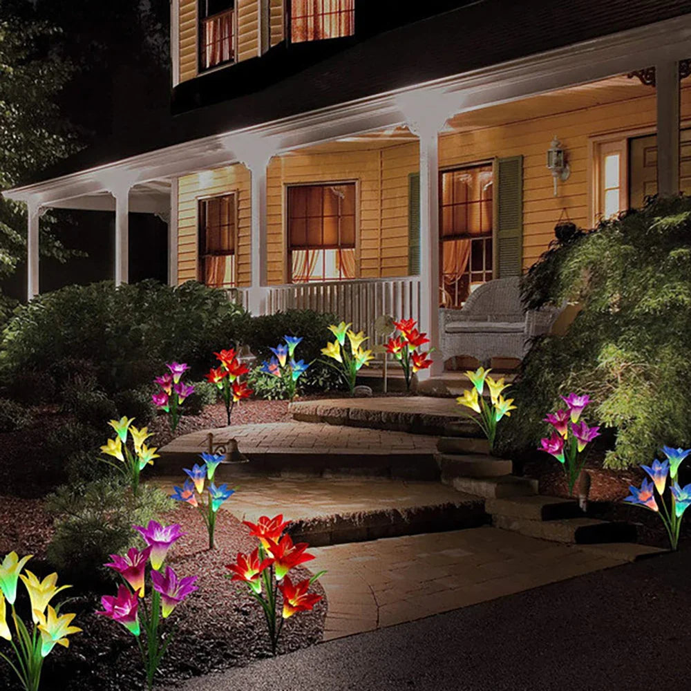 Solar LED flower lights in lily shape – Color-changing garden lights with stake for outdoor areas
