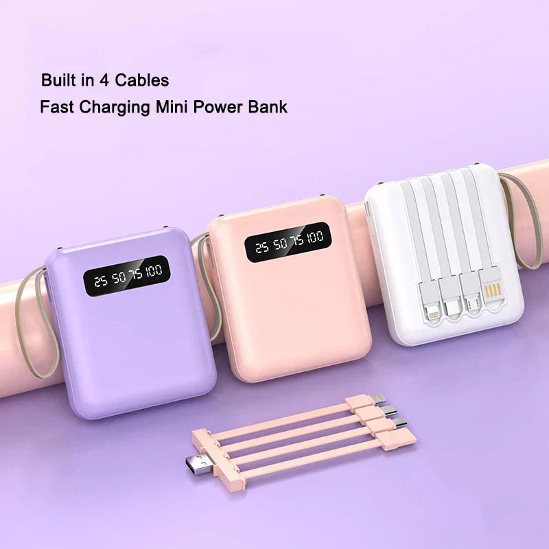 Mini Powerbank with Mirror Display | 20,000 mAh | Quick Charge Function & Integrated Cables | For iPhone, Samsung, Xiaomi & more