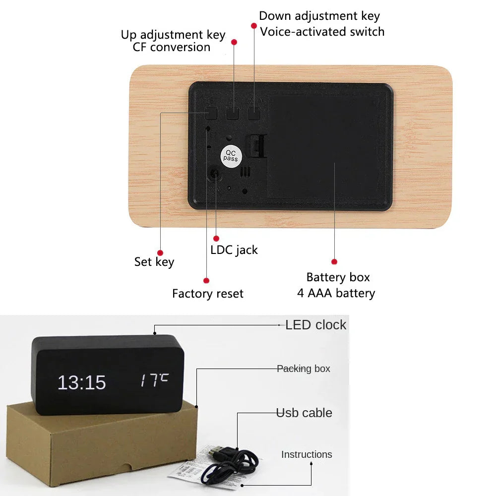 Wood LED Smart Alarm Clock for Bedroom