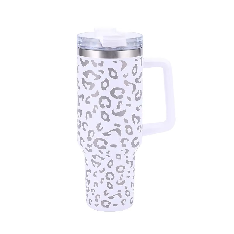 Leopard Print Insulated Tumbler with Handle and Straw 40oz Stainless Steel