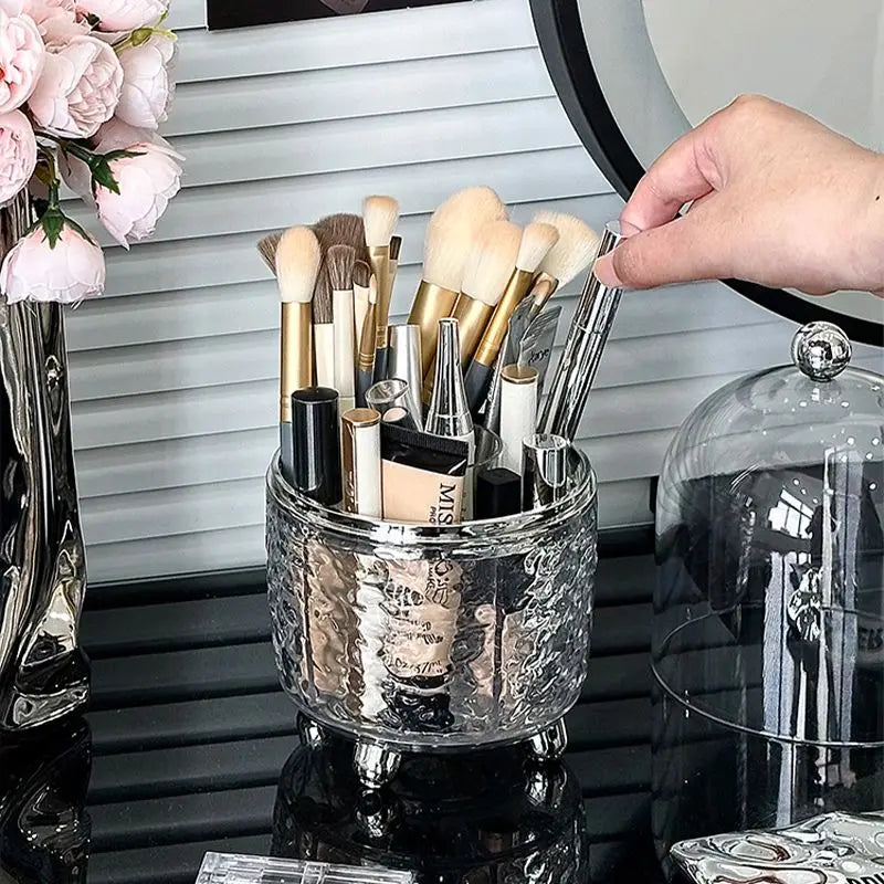 Lumora Make-up Brush Organizer with Lid | Dustproof & Rotatable | For Brushes, Lipsticks & Perfume | 360° Rotating | Silver/Gray
