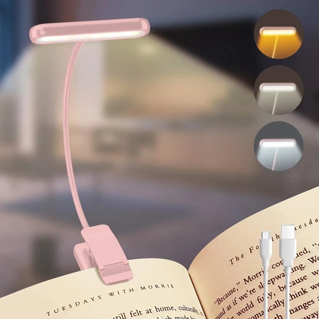 Flexible Reading Lamp USB Rechargeable with Dimmable Light Colors and Clip