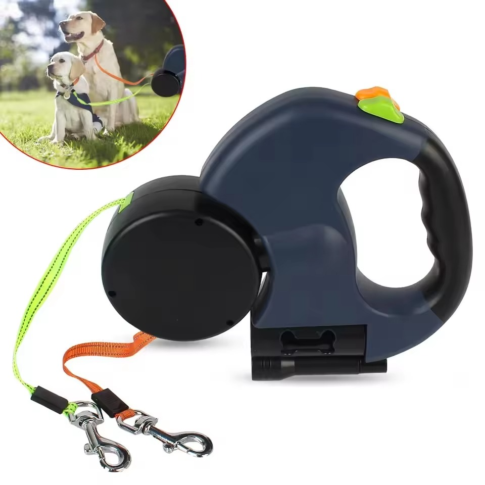 Dual Dog Retractable Leash with Built-In Flashlight and Bag Dispenser