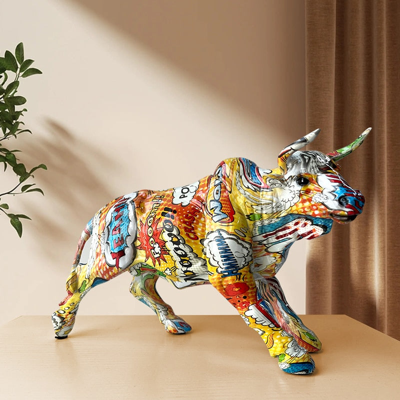 Graffiti-Painting Resin Bull Figures Home Living Room Bedroom Office Desktop Feng Shui Ornaments Collection Statues