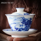 PorceVive Gaiwan Tea Cup | Handcrafted Porcelain with Landscape Pattern | Chinese Tea Set with Lid
