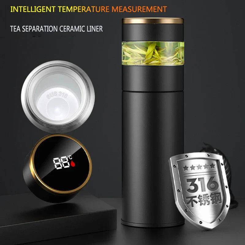 ThermoBrew | Insulated bottle with LED temperature display & tea strainer | 450 ml | Stainless steel 304 | Black