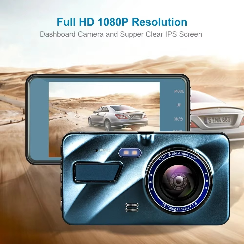 4" Dual Lens Dash Cam with Full HD 1080P, Night Vision, Front and Rear View, Loop Recording, Aluminum Alloy Black Box