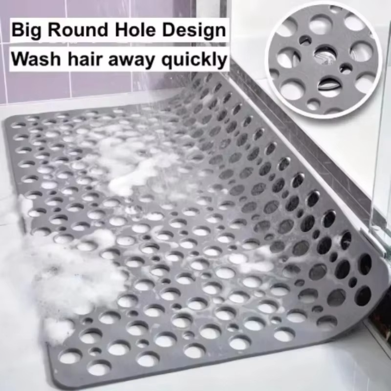 Square Non-Slip Shower Mat with Suction Cups and Quick-Drain Round Hole Design