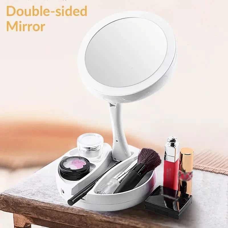 Glamora Travel Mirror LED | Double-Sided & 10x Magnification | Foldable & Portable | With Accessory Compartment