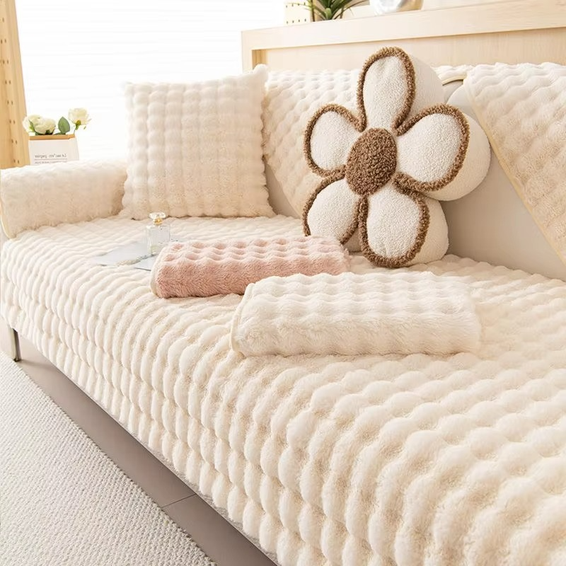 Plush Bubble-Textured Faux Rabbit Fur Sofa Slipcover - Non-Slip Couch Cushion Cover for Living Room