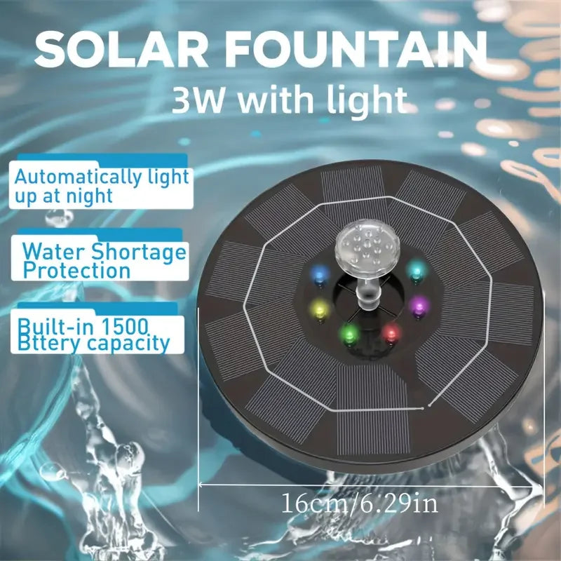 Solar Fountain LumiFonte 3.5W | With RGB LED & 6 Nozzles | 1500 mAh Battery & Filter System | For Birdbath, Pond & Garden