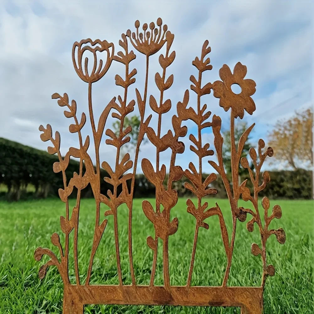 FLORAVINTA Metal Garden Stake Wildflower | Rust Look Vintage Yellow | For Beds, Pots & Walls | Handcrafted Country Style