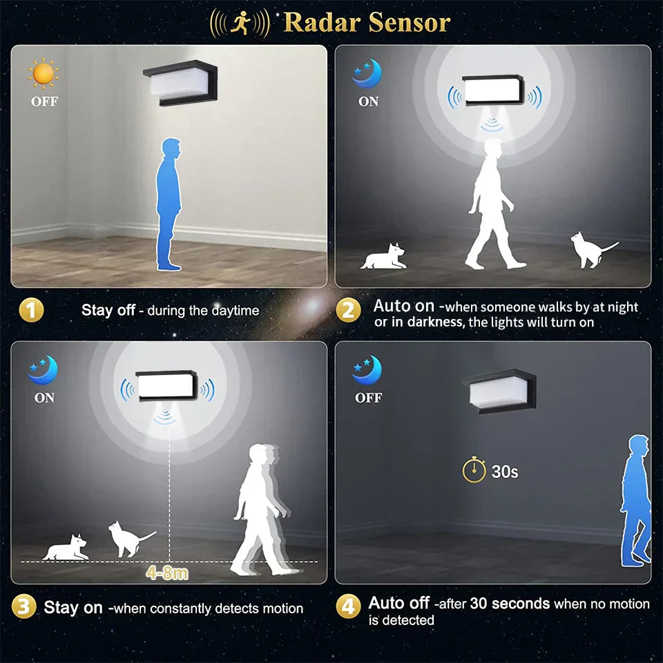 LED wall light with radar motion sensor – 16W waterproof light for indoor and outdoor use, cold and warm white light, AC85-265V