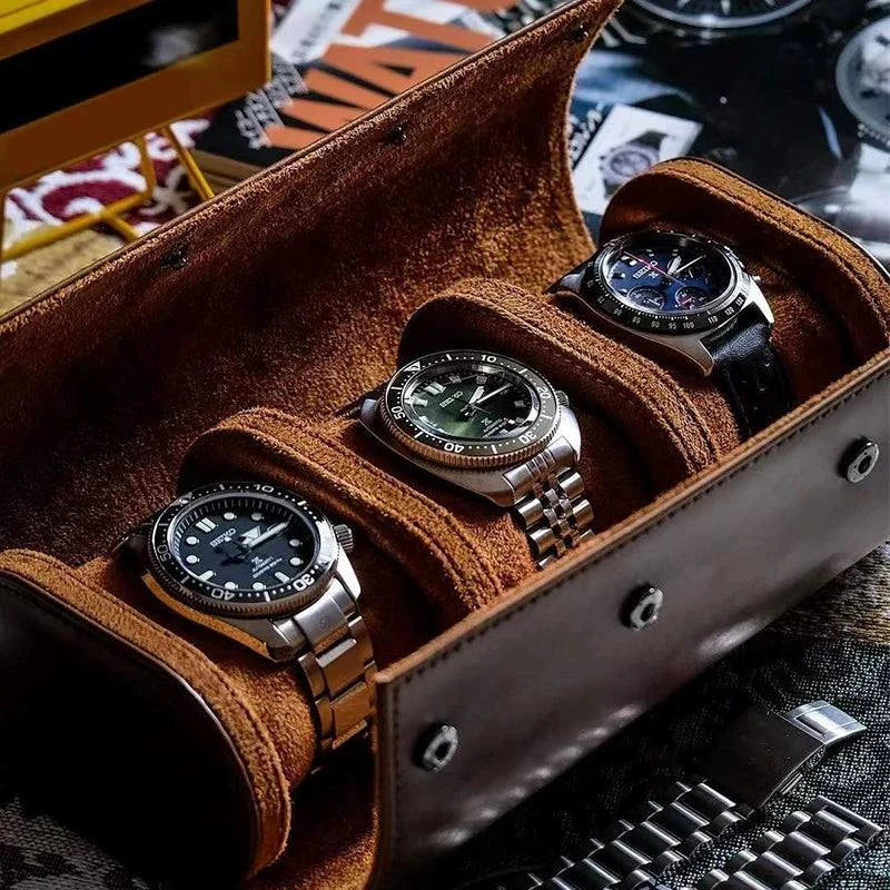 Vintage Leather 3-Slot Men's Watch Box for Travel