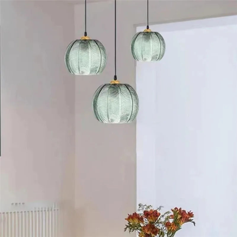 Scandinavian Glass Pendant Lamp with Green Leaf Pattern