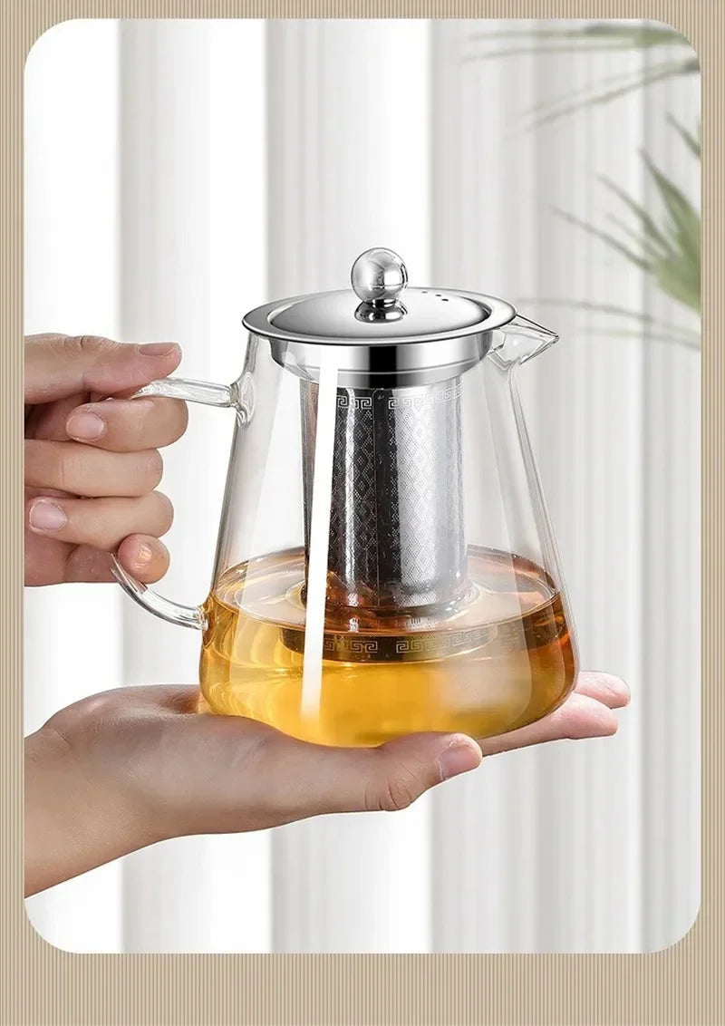 450ml-950ml Heat Resistant Glass Teapot – Stainless Steel Tea Filter, Flower Kettle for Kung Fu Tea, Puer and Oolong Tea