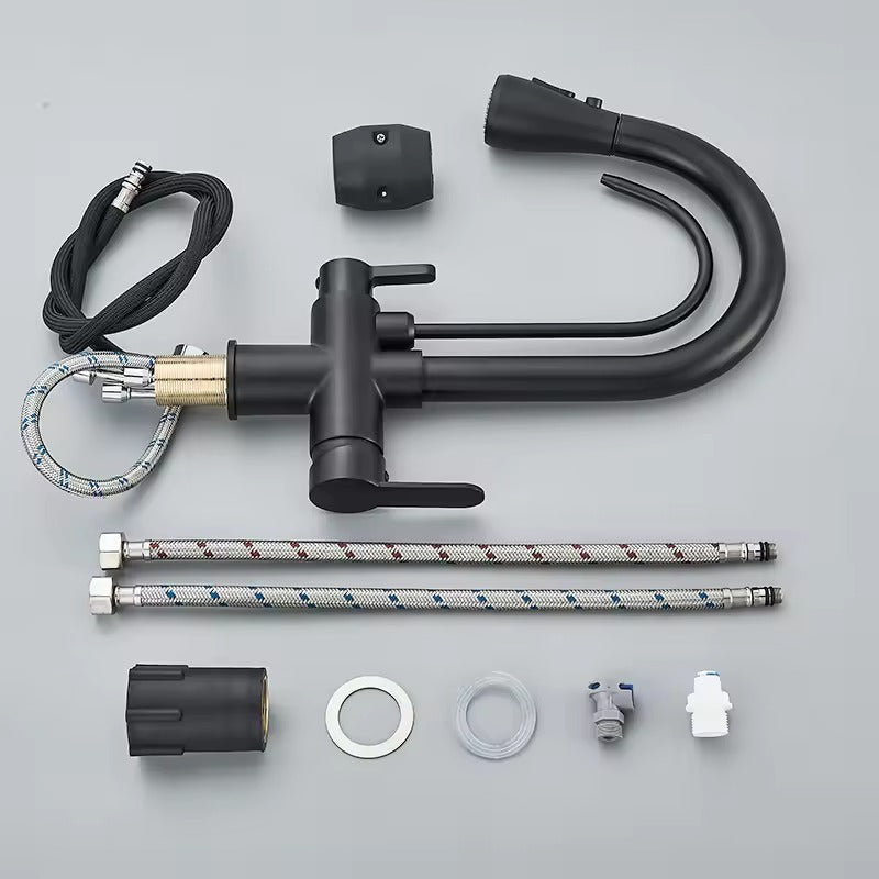 Matte Black Filter Faucet for the Kitchen, Pull-Out Spray, 360° Rotation, Three-Way Water Filter Tap, Sink Mixer